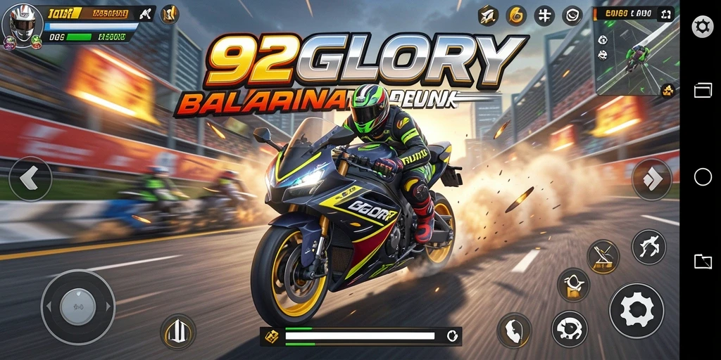 Tangkapan layar dari gameplay 92GLORY yang menampilkan balapan motor yang mendebarkan.