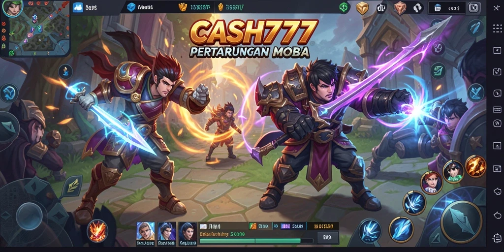 Tangkapan layar utama CASH777 menampilkan pertarungan epik dalam gameplay MOBA.