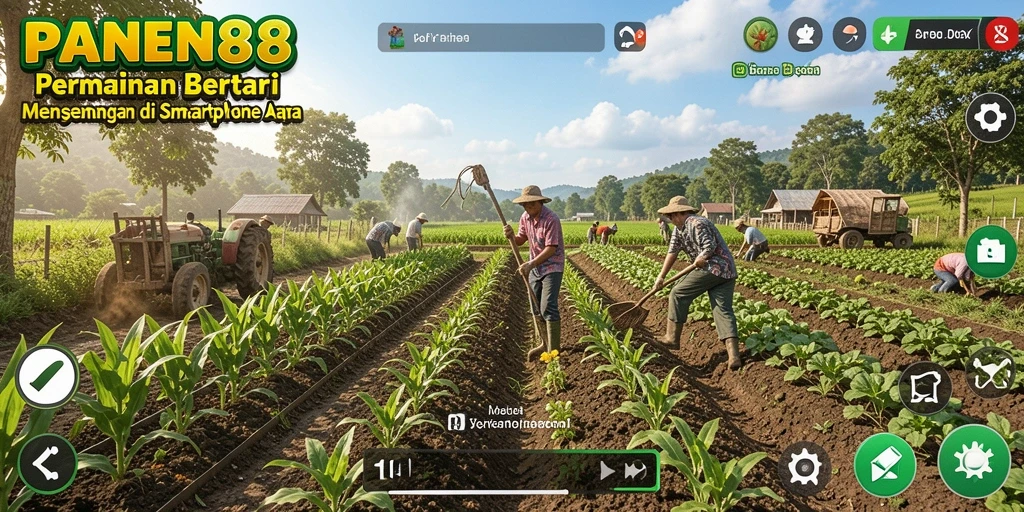 Screenshot gameplay PANEN88 menunjukkan ladang yang indah penuh tanaman dan hewan.