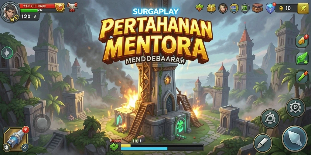 Screenshot gameplay SURGAPLAY menampilkan pertarungan menegangkan dalam Tower Defense.
